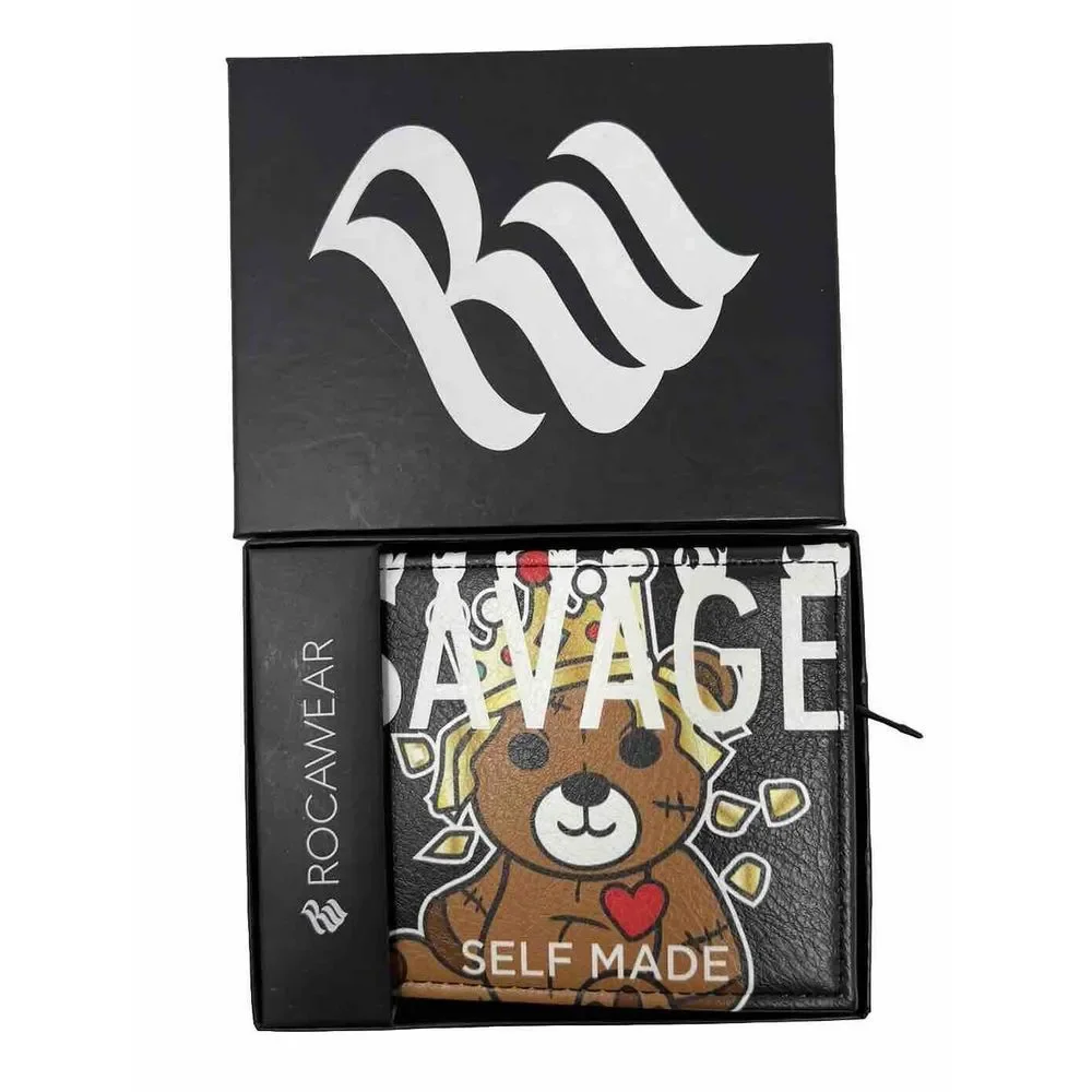 ROCAWEAR MEN'S Wallet BIFOLD SLIM BLACK SAVAGE KING BEAR - SELF MADE